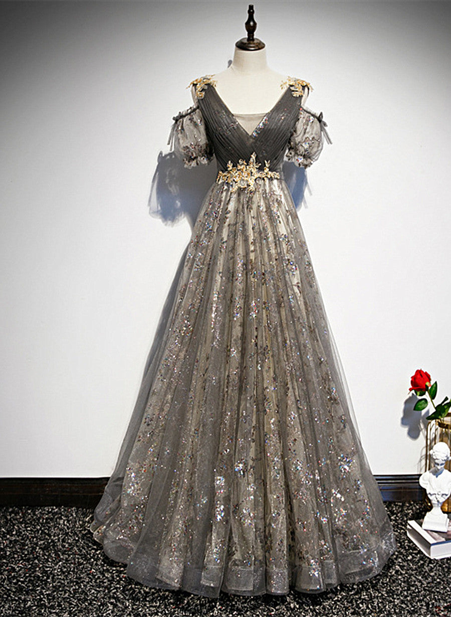 Grey Purple V-neckline Tulle with Lace Prom Dress, Off Shoulder A-line Grey Purple V-neckline Tulle with Lace Prom Dress, Off Shoulder A-line