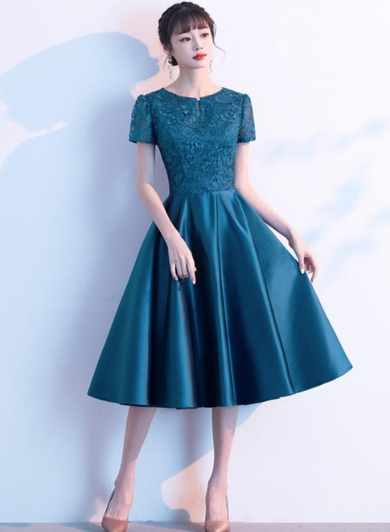 Teal Green Round Neckline Satin with Lace Wedding Party Dresses, Short Cutedressy Teal Green Round Neckline Satin with Lace Wedding Party Dresses, Short Cutedressy