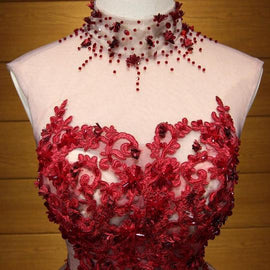 Lovely Halter Beaded and Red Applique Knee Length Formal Dress, Cute Party Dresses, Homecoming Dress