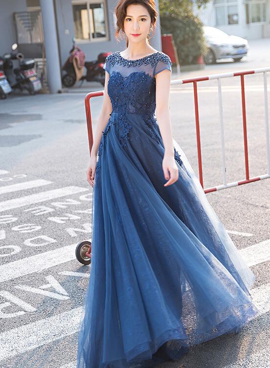 Blue Lace Cap Sleeves Long Evening Dress, A-line Backless Prom Dress Cutedressy Blue Lace Cap Sleeves Long Evening Dress, A-line Backless Prom Dress Cutedressy