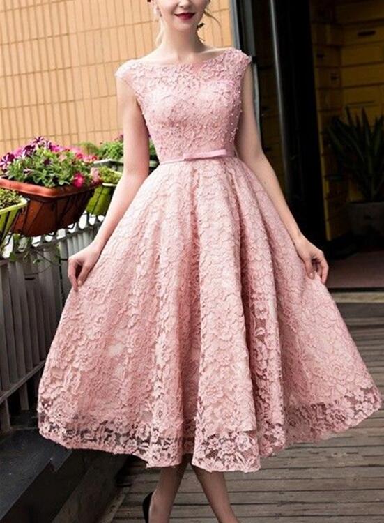 Pink Lace Tea Length Formal Dress, Beautiful Pink Prom Dresses