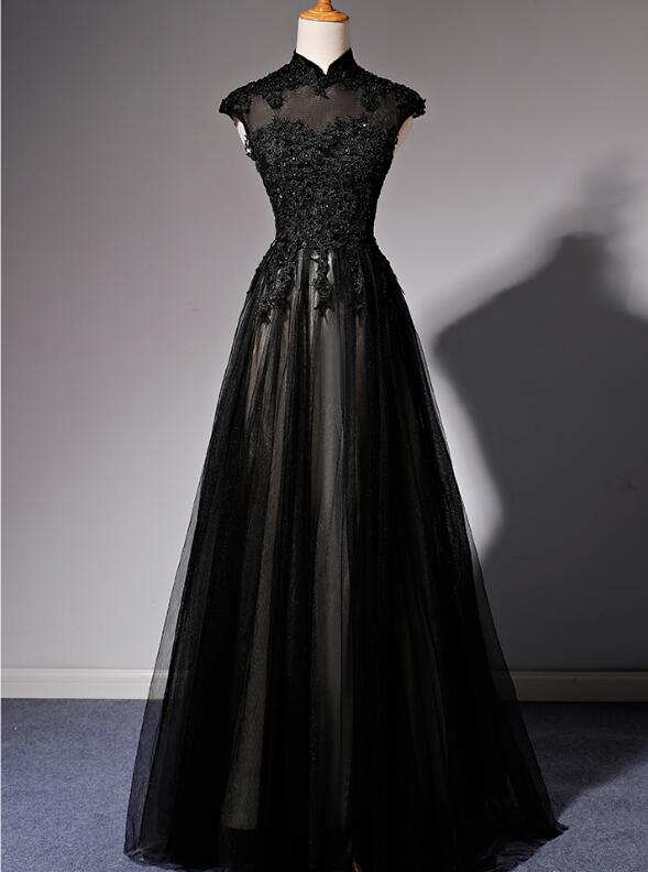 Elegant High Neckline Black Evening Dress, Tulle with Lace Applique Pr Cutedressy Elegant High Neckline Black Evening Dress, Tulle with Lace Applique Pr Cutedressy