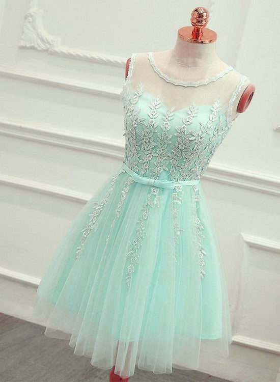 Cute Mint Green Tulle Short Party Dress with Lace Applique, Homecoming Cutedressy Cute Mint Green Tulle Short Party Dress with Lace Applique, Homecoming Cutedressy