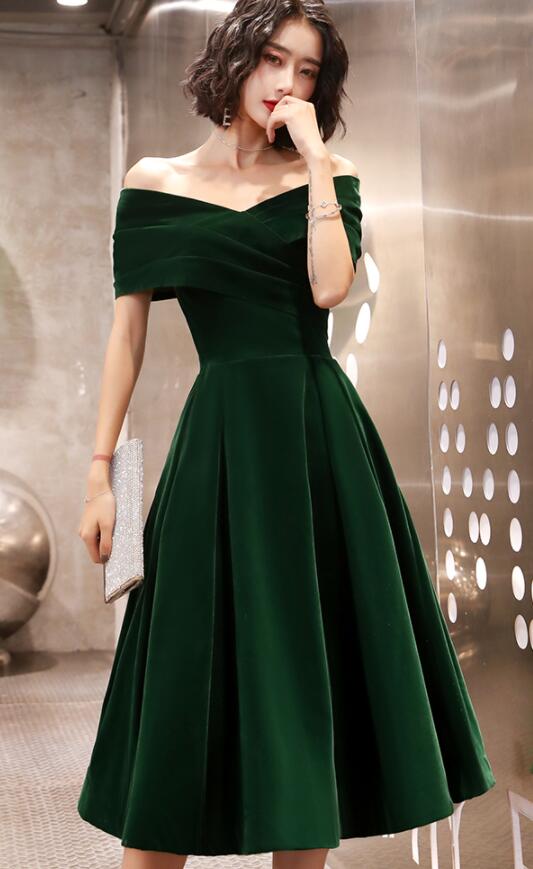 Green Tea Length Velvet Off Shoulder Party Dress, Green Bridesmaid Dre
