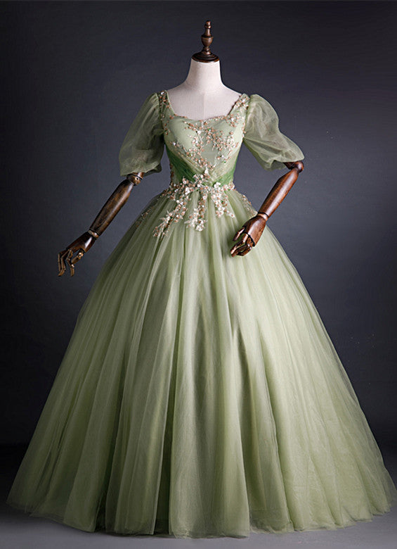 Light Green Tulle with Gold Lace Short Sleeves Formal Dress, Light Gre Cutedressy Light Green Tulle with Gold Lace Short Sleeves Formal Dress, Light Gre Cutedressy