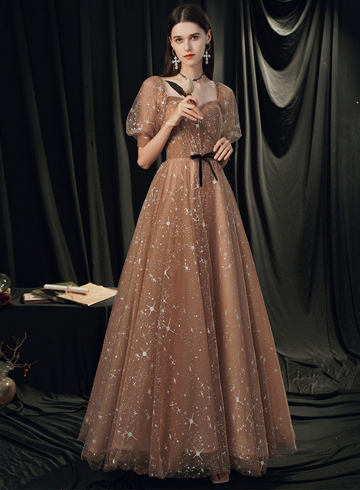 Champagne Tulle A-line Off Shoulder Party Dress, Simple Long Junior Pr Cutedressy Champagne Tulle A-line Off Shoulder Party Dress, Simple Long Junior Pr Cutedressy