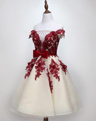 Champagne Tulle and Beautiful Lace Short Party Dress, Off Shoulder Party Dresses Champagne Tulle and Beautiful Lace Short Party Dress, Off Shoulder Party Dresses