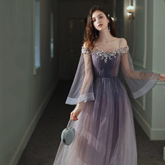Purple Gradient Tulle Long Sleeves Straps Prom Dress Party Dress, A-line Tulle Formal Dresses Purple Gradient Tulle Long Sleeves Straps Prom Dress Party Dress, A-line Tulle Formal Dresses