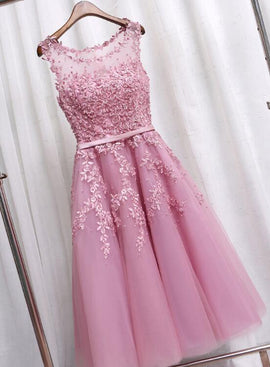 Pink Tea Length Formal Dress, Lace Applique Party Dresses