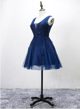 Navy Blue Homecoming Dresses, Short Prom Dresses, V-neckline Party Dresses