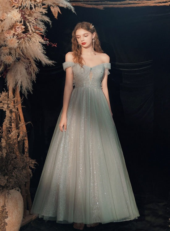 Beautiful Shiny Tulle A-line Off Shoulder Long Prom Dress 2022, Sweeth Beautiful Shiny Tulle A-line Off Shoulder Long Prom Dress 2022, Sweeth