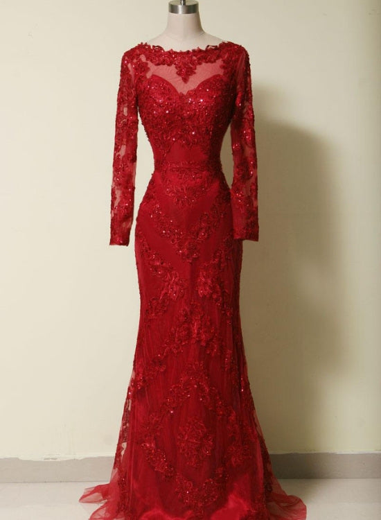 Elegant Red Mermaid Long Sleeves Gown, Red Long Formal Dress Cutedressy Elegant Red Mermaid Long Sleeves Gown, Red Long Formal Dress Cutedressy