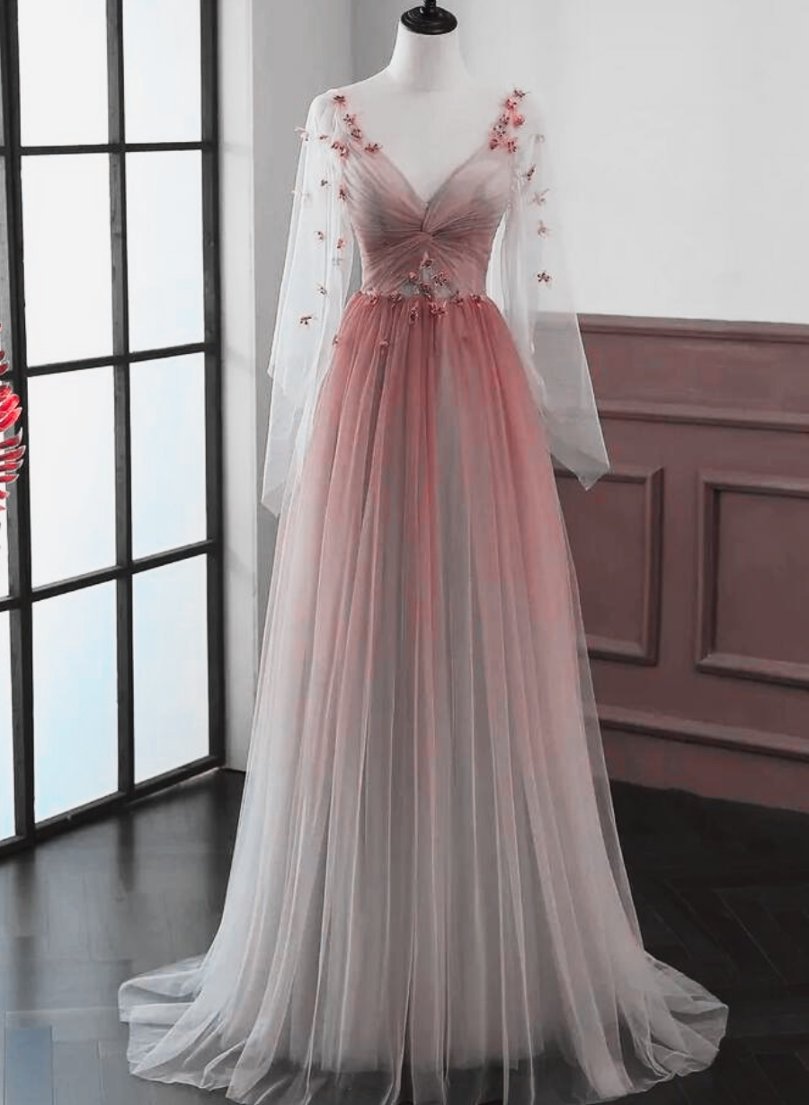 Lovely Gradient A-line Tulle Long Sleeves Party Dress, Gradient Prom D Cutedressy Lovely Gradient A-line Tulle Long Sleeves Party Dress, Gradient Prom D Cutedressy
