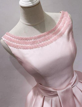 Lovely Pink Satin Round Beaded Knee Length Satin Party Dress, Pink Homecoming Dresses