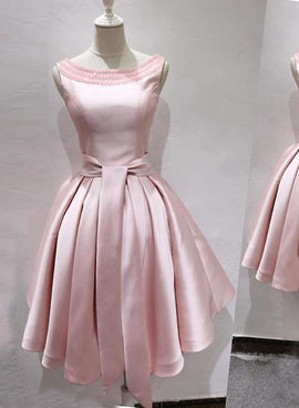 Lovely Pink Satin Round Beaded Knee Length Satin Party Dress, Pink Homecoming Dresses