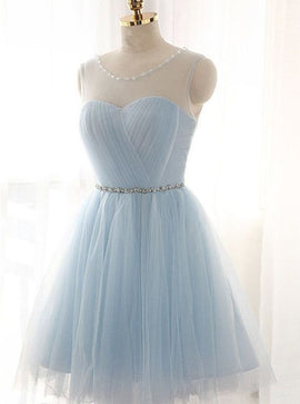 Light Blue Round Neckline Short Tulle Graduation Dress , Blue Party Dress, Blue Homecoming Dress