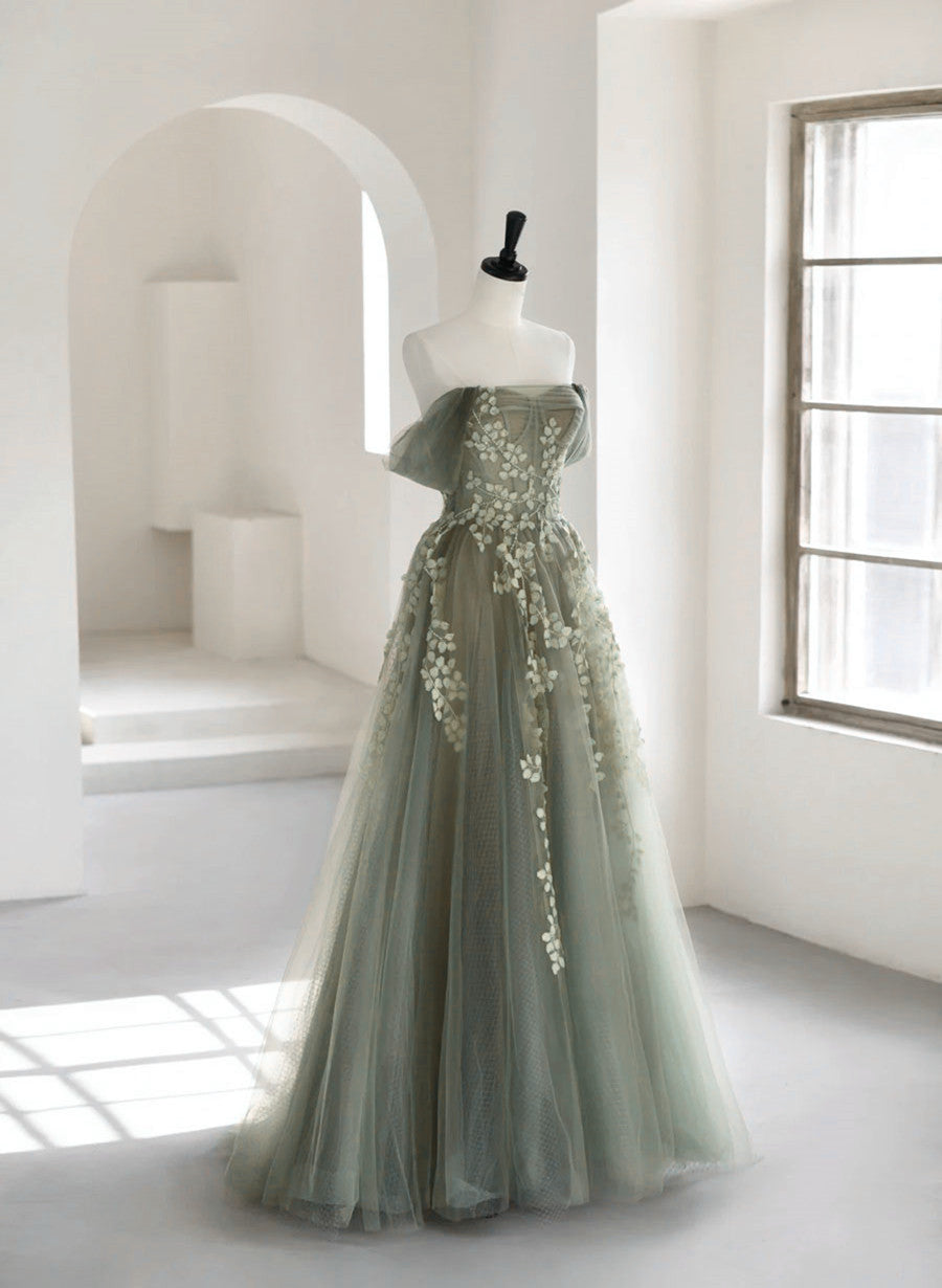 Charming Green Tulle Off Shoulder Party Dress, Green Long A-line Forma Cutedressy Charming Green Tulle Off Shoulder Party Dress, Green Long A-line Forma Cutedressy
