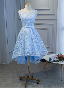 Charming Lace Round Neckline High Low Party Dress with Belt, Cute Party Dress