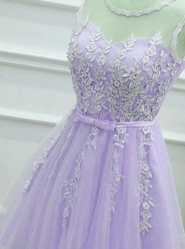 Lovely Tulle Round Neckline Applique Purple Party Dress, Lavender Homecoming Dress 2019