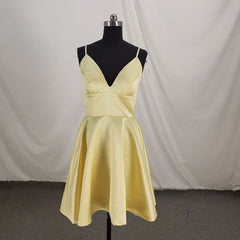 Cute Satin Straps Knee Length Party Dress, Light Yellow Homecoming Dress Cute Satin Straps Knee Length Party Dress, Light Yellow Homecoming Dress