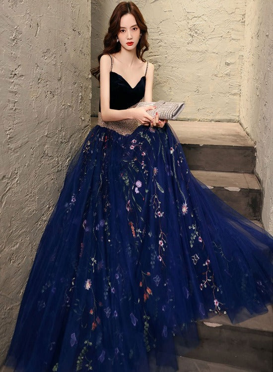 Charming Navy Blue Velvet and Tulle Floral Straps Evening Dress, Blue Charming Navy Blue Velvet and Tulle Floral Straps Evening Dress, Blue