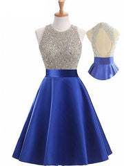 Fashion Knee-Length Open Back Satin Homecoming Dress with Beading, Short Party Dress Fashion Knee-Length Open Back Satin Homecoming Dress with Beading, Short Party Dress