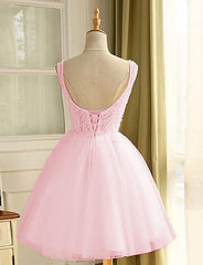 Pink Organza Beaded with Flowers Homecoming Dresses, Cute Round Short Party Dress Pink Organza Beaded with Flowers Homecoming Dresses, Cute Round Short Party Dress