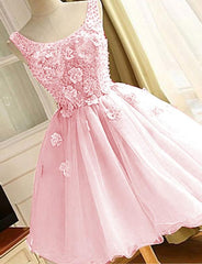 Pink Organza Beaded with Flowers Homecoming Dresses, Cute Round Short Party Dress Pink Organza Beaded with Flowers Homecoming Dresses, Cute Round Short Party Dress