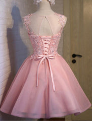 Elegant Pink Tulle Round Neckline Applique Party Dress, Charming Formal Dress Elegant Pink Tulle Round Neckline Applique Party Dress, Charming Formal Dress