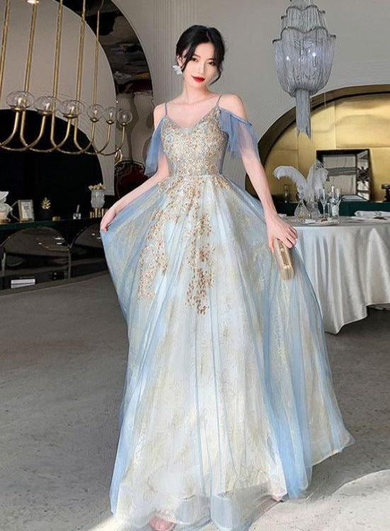 Charming Lace Light Blue V-neckline Long Prom Dress, A-line Formal Dre Cutedressy Charming Lace Light Blue V-neckline Long Prom Dress, A-line Formal Dre Cutedressy