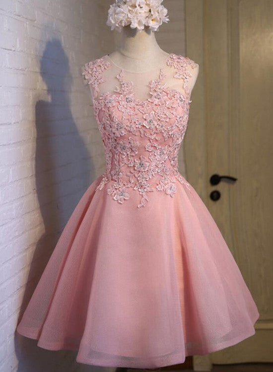 Elegant Pink Tulle Round Neckline Applique Party Dress, Charming Formal Dress