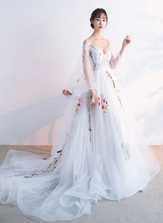 Beautiful White Tulle Long Party Dress with Flower Lace Applique, Whit Cutedressy Beautiful White Tulle Long Party Dress with Flower Lace Applique, Whit Cutedressy