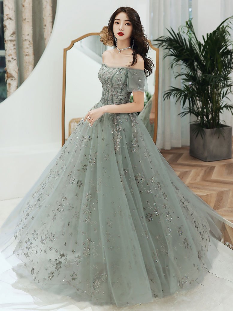 Light Green Off Shoulder Long Formal Dress, Green A-line Prom Dress Cutedressy Light Green Off Shoulder Long Formal Dress, Green A-line Prom Dress Cutedressy