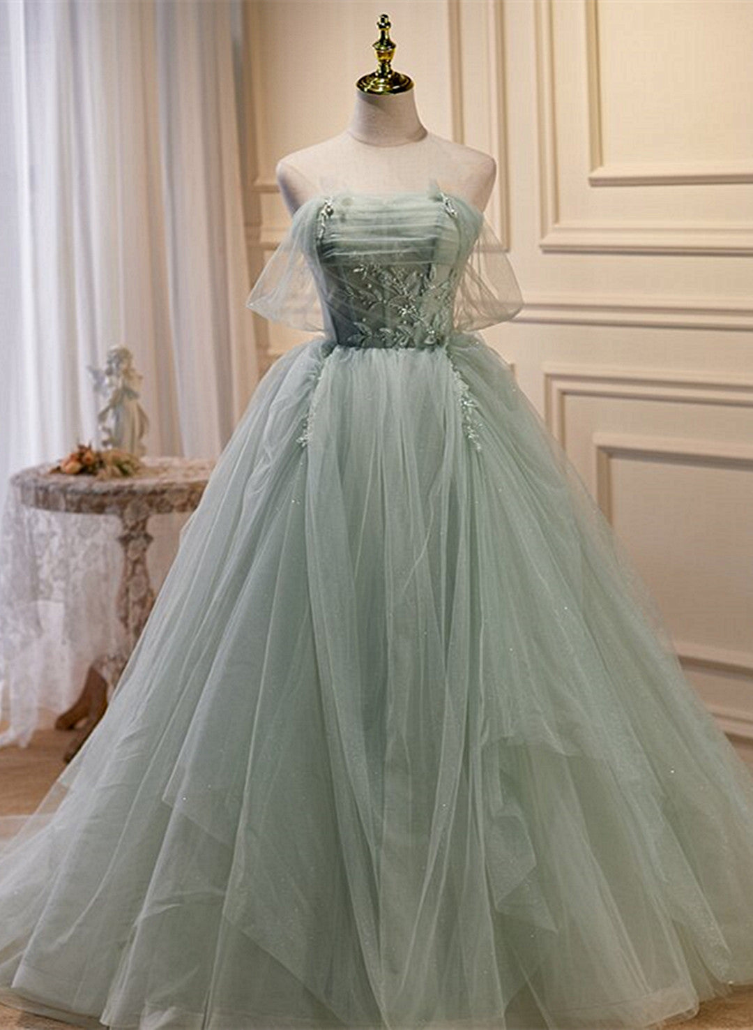 Light Green Tulle Beaded Ball Gown Off Shoulder Party Dress, Green Swe Light Green Tulle Beaded Ball Gown Off Shoulder Party Dress, Green Swe