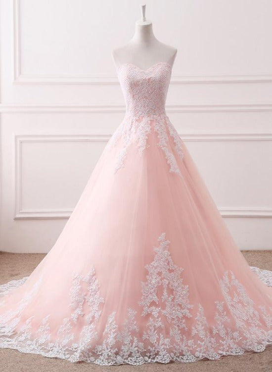 Pink Puffy Ball Gown Princess Sweetheart Tulle Formal Dress with White