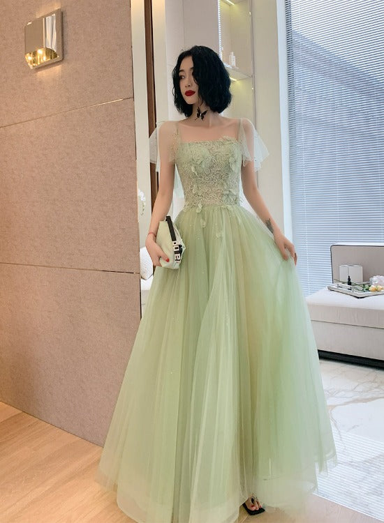 Beautiful Green Tulle Long Prom Dress with Lace, Green Evening Party D Cutedressy Beautiful Green Tulle Long Prom Dress with Lace, Green Evening Party D Cutedressy