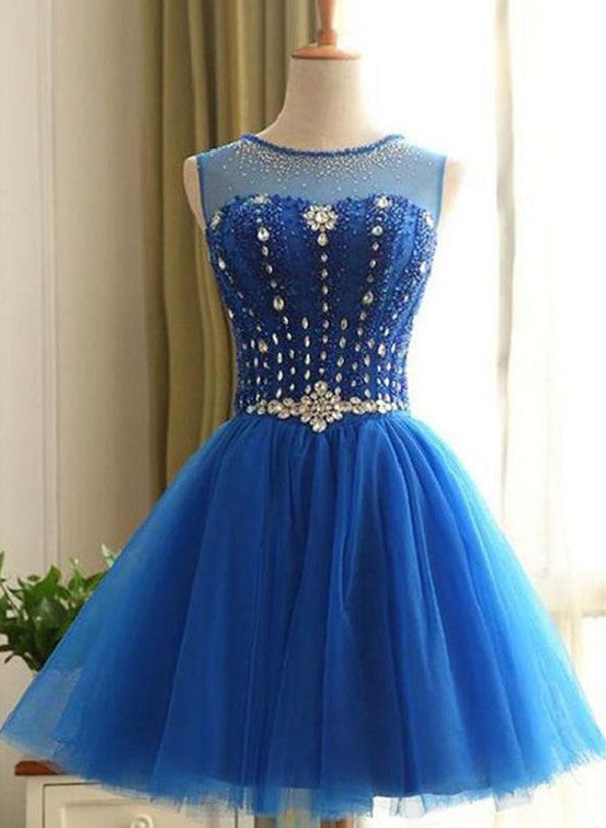 Cute Blue Beaded Knee Length Homecoming Dress, Short Prom Dress Cutedressy Cute Blue Beaded Knee Length Homecoming Dress, Short Prom Dress Cutedressy