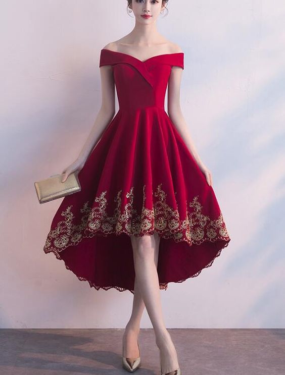 Wine Red High Low Party Dress with Gold Applique, Stylish Formal Dress Cutedressy Wine Red High Low Party Dress with Gold Applique, Stylish Formal Dress Cutedressy