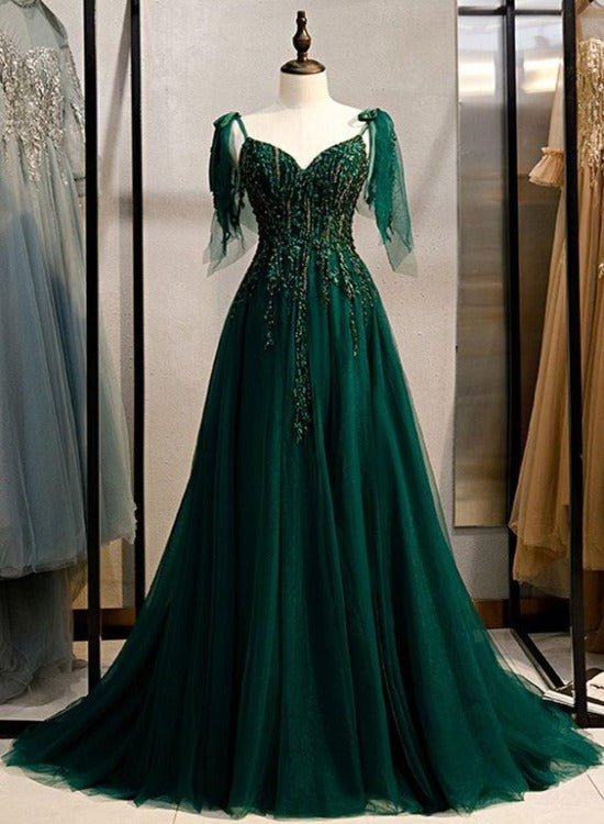 Elegant V-neckline Straps Tulle Long Junior Prom Dress, Green Prom Dre Cutedressy Elegant V-neckline Straps Tulle Long Junior Prom Dress, Green Prom Dre Cutedressy