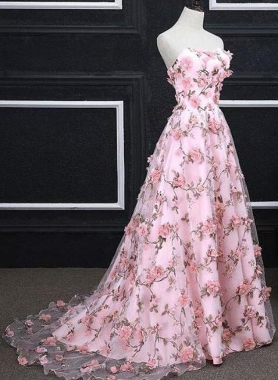 Pink Floral Lace Sweetheart Long Party Dress, A-line wedding Party Dre Cutedressy Pink Floral Lace Sweetheart Long Party Dress, A-line wedding Party Dre Cutedressy