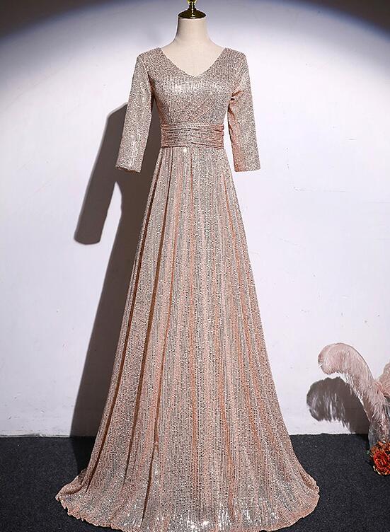 A-line Short Sleeves Sequins Long Evening Dress Bridesmaid Dress, Simp Cutedressy A-line Short Sleeves Sequins Long Evening Dress Bridesmaid Dress, Simp Cutedressy