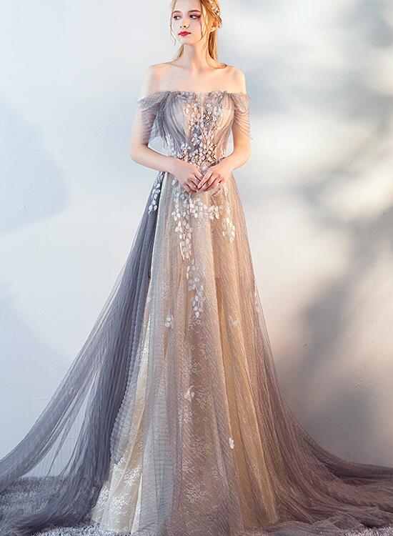 A-line Tulle and Lace Off Shoulder Long Party Dress, Unique Style New Cutedressy A-line Tulle and Lace Off Shoulder Long Party Dress, Unique Style New Cutedressy