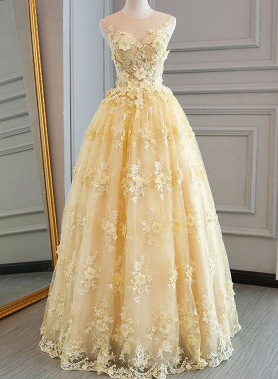 Light Yellow Organza Tulle Applique Formal Gown, Lace Applique Formal Cutedressy Light Yellow Organza Tulle Applique Formal Gown, Lace Applique Formal Cutedressy