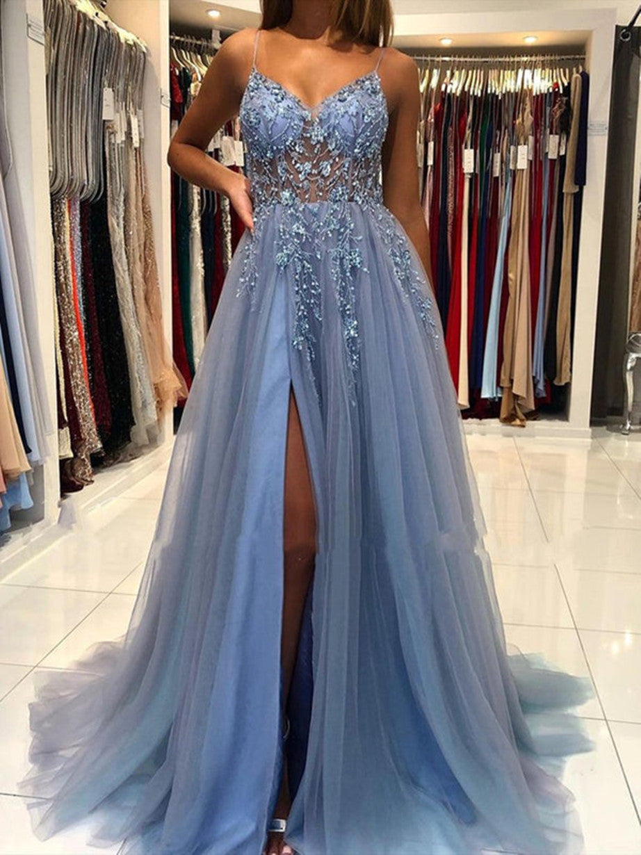 Blue Sparkle Beaded Tulle A-line Long Prom Dress, Prom Dress with Leg Cutedressy Blue Sparkle Beaded Tulle A-line Long Prom Dress, Prom Dress with Leg Cutedressy