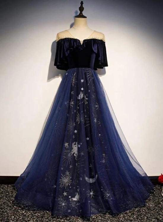 Elegant Blue Velvet Top Long Party Dress, Prom Gowns Cutedressy Elegant Blue Velvet Top Long Party Dress, Prom Gowns Cutedressy