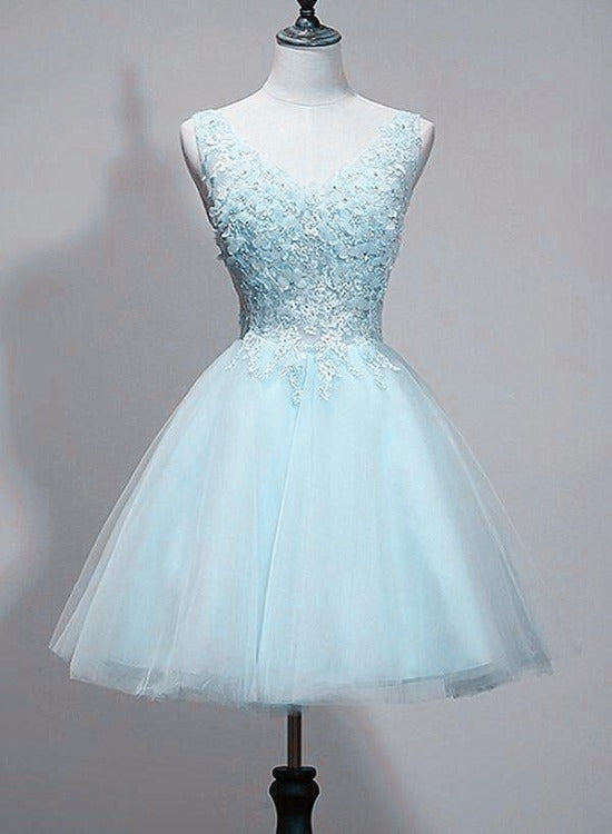 Light Blue V-neckline Lace Applique Tulle Homecoming Dress, Low Back S Cutedressy Light Blue V-neckline Lace Applique Tulle Homecoming Dress, Low Back S Cutedressy