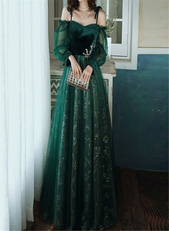 Beautful Dark Green Tulle Stunning Sequin Bridal Dress, Spaghetti Stra Cutedressy Beautful Dark Green Tulle Stunning Sequin Bridal Dress, Spaghetti Stra Cutedressy