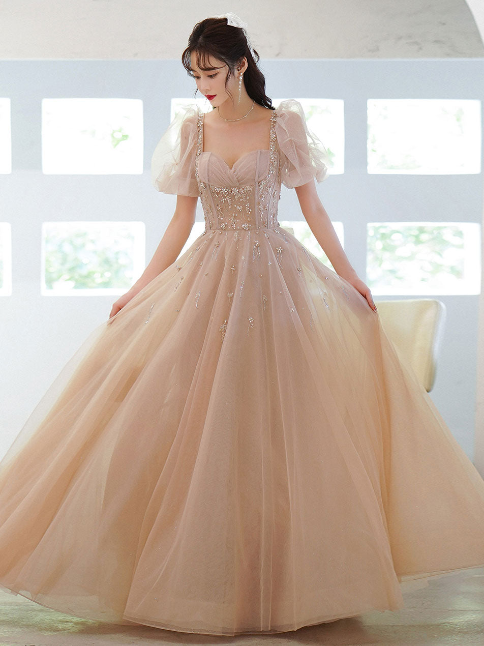 Beautiful Champagne Short Sleeves Beaded Tulle Formal Gown, Long Sweet Cutedressy Beautiful Champagne Short Sleeves Beaded Tulle Formal Gown, Long Sweet Cutedressy