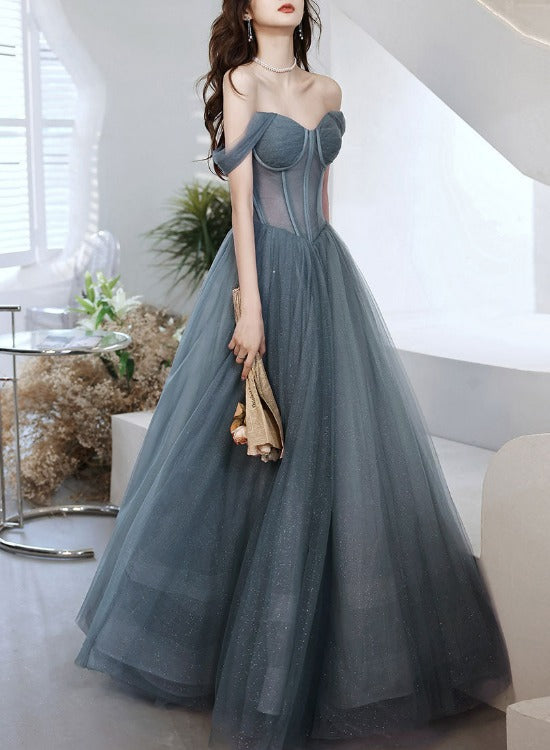 pretty grey dresses Beautiful Grey Short Sleeves Tulle Long Party Dress, Grey Formal Gown Evening Prom Dresses 2025