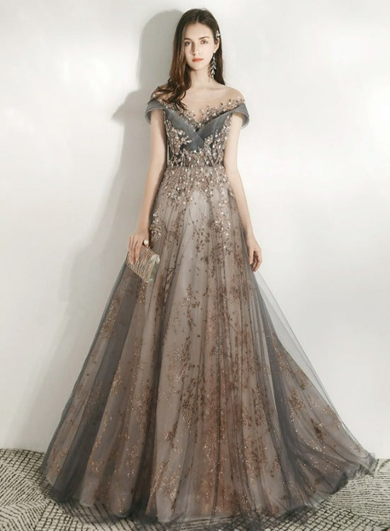 Beautiful Grey Shiny Tulle and Lace Long Formal Dress Party Dress, V-n Cutedressy Beautiful Grey Shiny Tulle and Lace Long Formal Dress Party Dress, V-n Cutedressy
